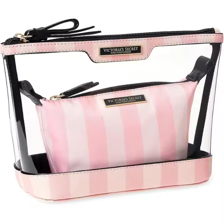 Victoria's Secret  Bolsa de Cosméticos  Neceser De Maquillaje  2 Piezas  Modelo: Rayas Distintivas Rosas  Victoria Secret   Organizador de maquillaje  Bolso de maquillaje - 1