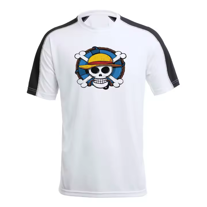 MERCHANDMANIA CAMISETA TÉCNICA FRANJA MANGAS NEGRA One piece logo calavera barco pirata luffy tshirt - 1