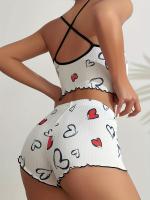 Conjunto De Pijama Para Mujer Con Estampado De Corazones Camiseta De Hombros Y Shorts De Verano Homewear Nocturna Sexy Y Cómoda - details 3