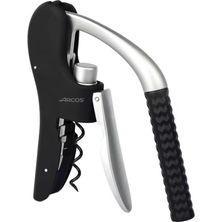 ARCOS Sacacorchos Manual de ABS, Aleación de Zinc y Elastómero. Accesorio para Abrir Vino con Cortacápsulas. Abrebotellas de Mano Moderno y Ligero. Color Plata y Negro - 1