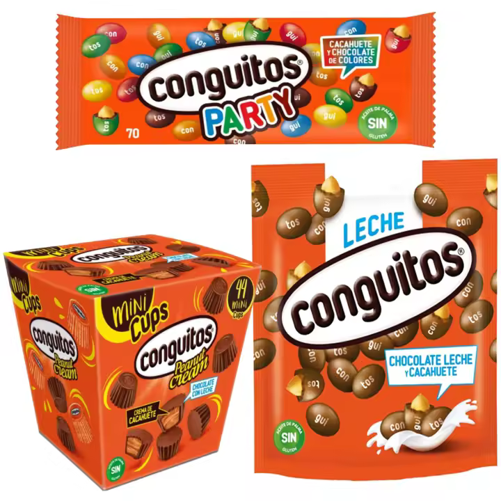 Pack Conguitos party bolsa 70g,Conguitos mini cups leche est 200g,Conguitos leche doypack 220g - 1