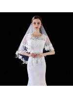 Velo De Novia Blanca Ivoire Corto En Lote Con Aplicaciones De Encaje Dos Capas Para Mujer Velo De Boda De Encaje Estilo De Borde De Encaje - details 1