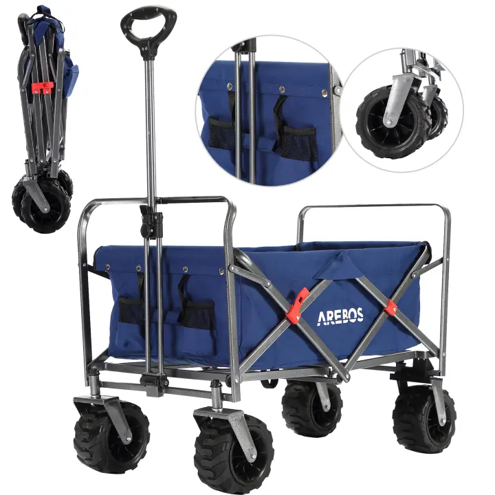 AREBOS Carro de Mano Plegable - carga 100 kg - Carrito Playa - con Barra telescópica para Empujar - Ruedas giratorias de 360° - 1
