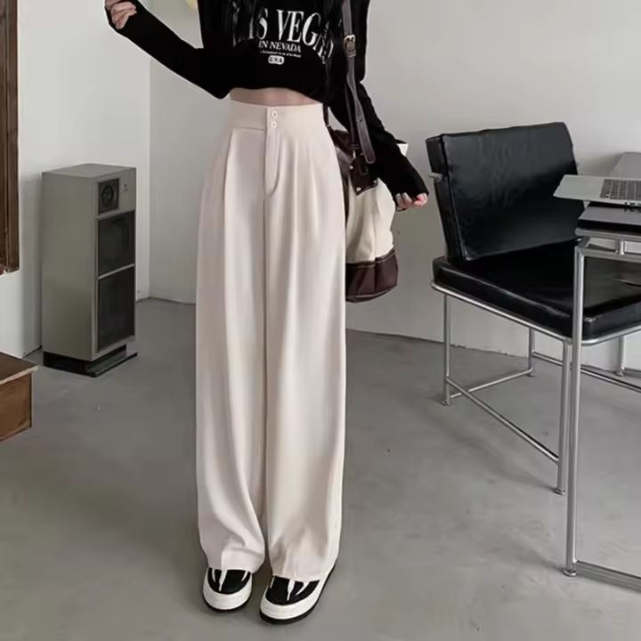 Rimocy Pantalones Anchos De Pierna Para Mujer Estilo Callejero Cintura Alta Moda Trabajo Oficina Pantalones Sueltos Rectos Sólidos Talla Grande Color Negro Beige Caqui - 1