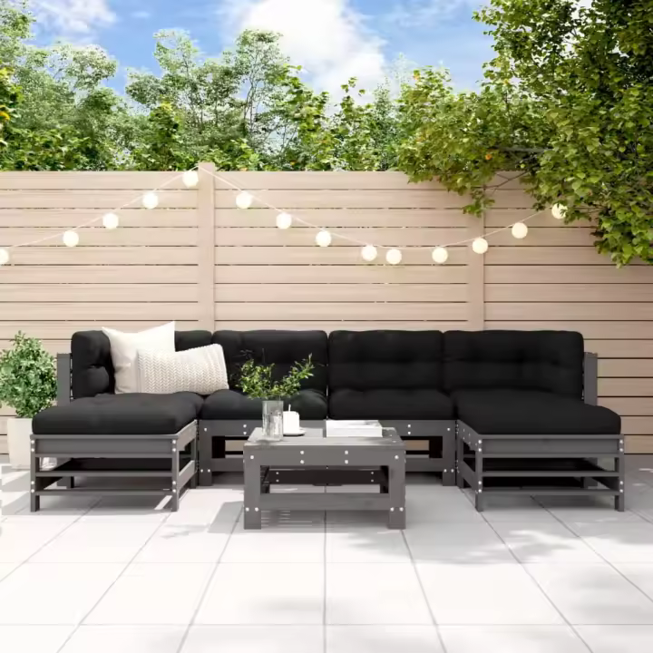 vidaXL Juego de muebles de jardín 7 pzas y cojines madera maciza gris - 1