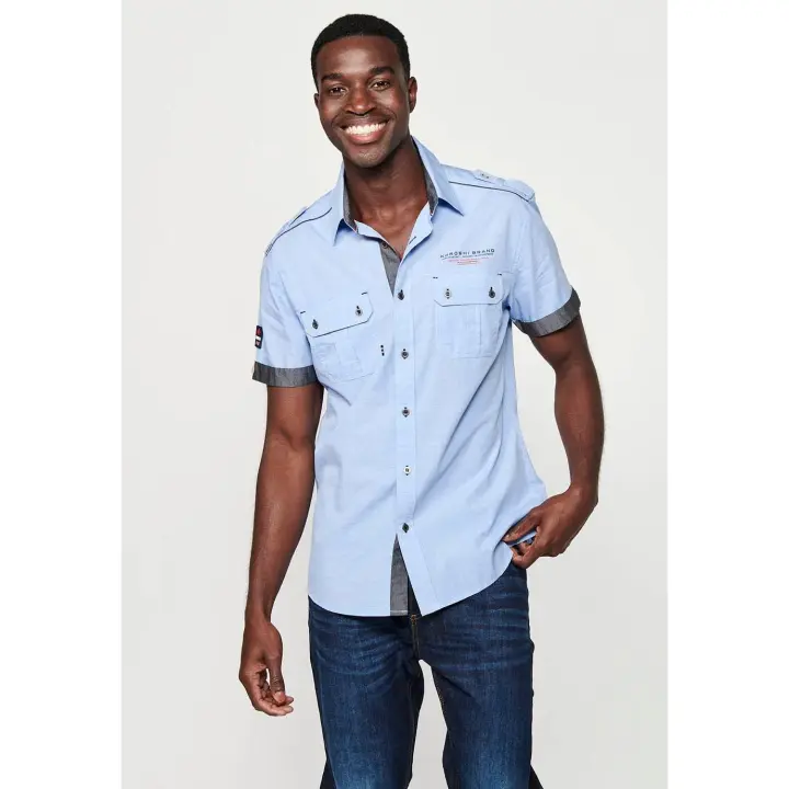 Camisa de algodón Koroshi, manga corta, hombro detallado, ropa de hombre azul - 1