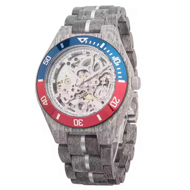 Reloj mecánico automático LB RELOJES para hombre, diseño esqueleto madera arce 3ATM - 1