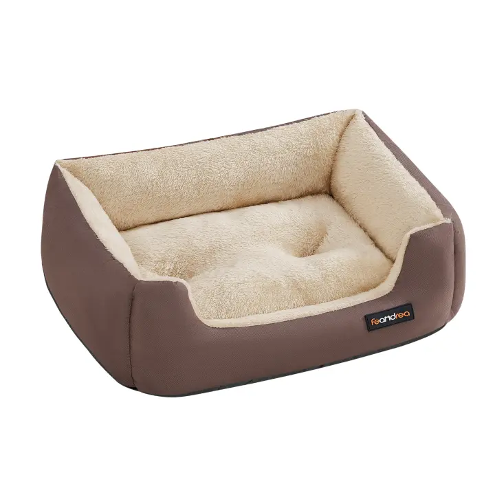 Feandrea Cama para Perros, Sofá Cama para Mascotas, Alfombra Extraíble y Reversible, Bordes Elevados, Base Antideslizante, Talla S, 60 x 50 x 20 cm/100 x 75 x 25 cm, Marrón Café y Beige Arena - 1
