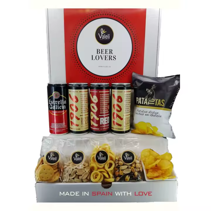 VALELI, Caja Regalo Original Cerveza Estrella Galicia, 1906 y Red Vintage con frutos secos y snacks.Cesta Regalo original para él, ella, amigo, cumpleaños. Caja para regalar día del padre, San Valentin, Navidad, Amigo Invisible. - 1