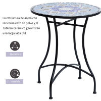Outsunny Mesa de Jardín Redonda Mesa de Terraza Exterior Ø60x71 cm con Encimera de Mosaico Decorativo Carga 100 kg Mesa para Exterior Patio Azul y Blanco - details 0