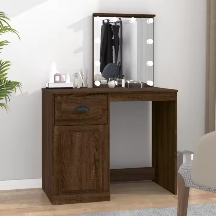 vidaXL Tocador con LED madera contrachapada marrón roble 90x50x132,5cm - 1