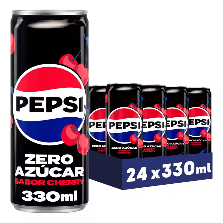 PEPSI zero Cherry Refresco de cola con cero azúcar y cero calorías, pack de 24 latas de 330 ml, 7.92 litros en total (Con o sin Regalo) - 1