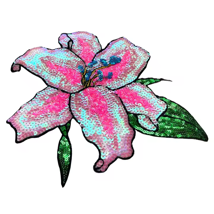 Parche De Flor De Lirio Rosa Con Lentejuelas 1 Pieza Para Ropa DIY Parche Brillante De Moda Para Mujeres Y Niñas Material De Poliéster - 1