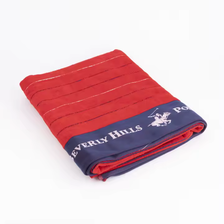 POLO CLUB | TOALLA DE PLAYA ROJA 90X160 CON RAYAS AZULES. - 1