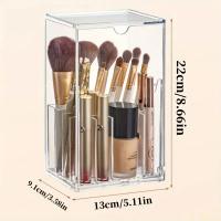 Caja De Almacenamiento Para Cepillos De Maquillaje Transparente Con Tapa Gran Capacidad Contenedor De Labiales Inclinados Organizador De Mesita De Vestir - details 0