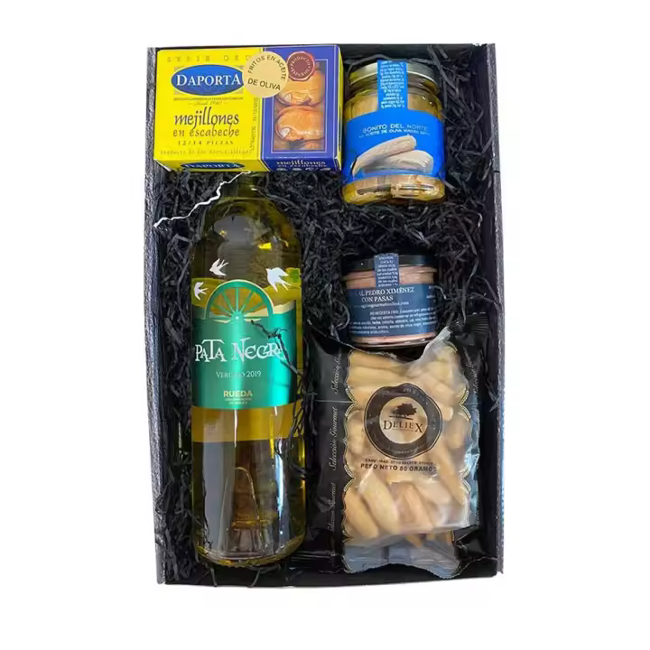 Cesta regalo gourmet con vino blanco Rueda, conservas de pescados, picos y paté. Estuche original para regalar en cumpleaños, Navidad, dia de la madre o del padre. Delicatessen - 1