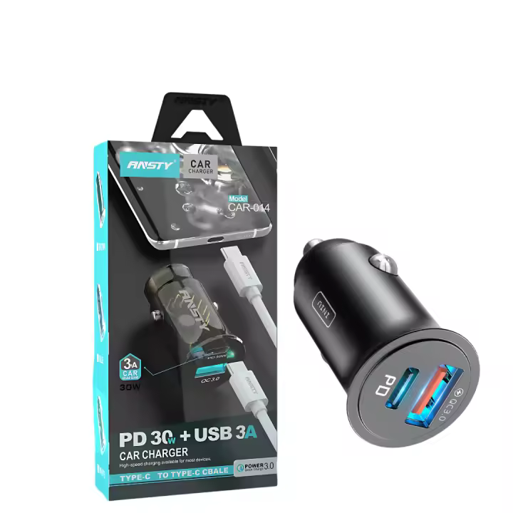 ANSTY Cargador de Coche CAR-014 con Cable Tipo C a Tipo C, 30W PD + 18W QC - Carga Rápida con Indicador LED Azul - 1