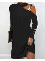 Vestido Elegante De Mujer Con Botones Metálicos Y Cuello Colgante De Color Sólido Vestido De Manga Regular Para Otoño - details 0