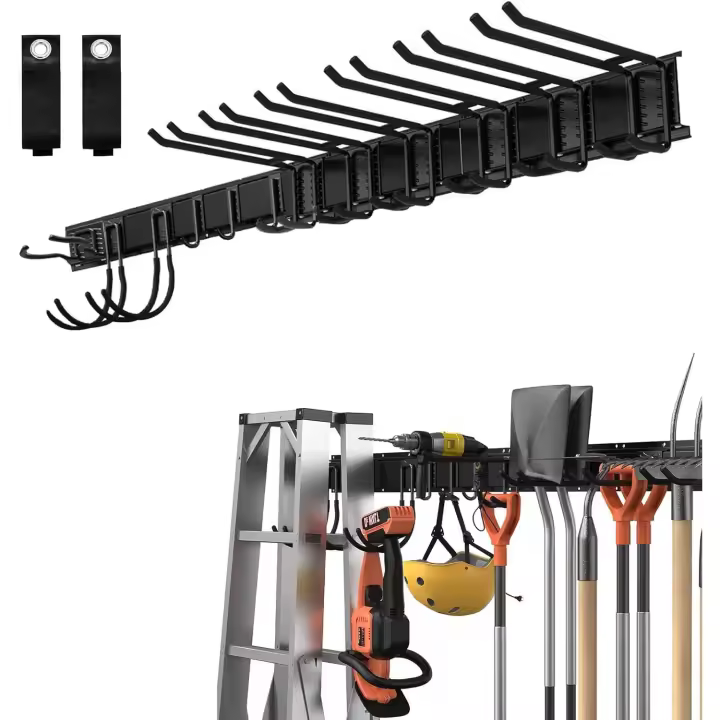 Soporte de pared para dispositivos, 160 cm, metal, gancho de pared, estante de herramientas con 4 rieles y 12 ganchos de metal ajustables, organizador - 1