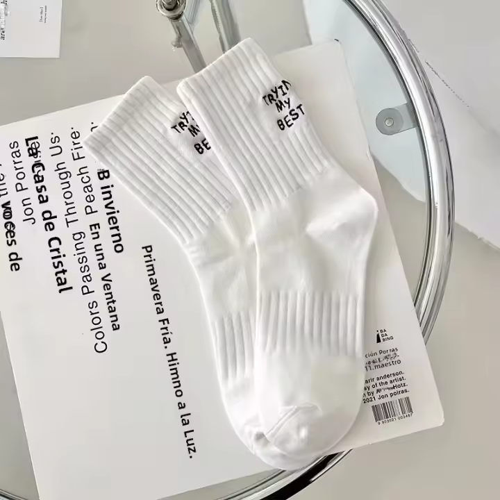 Calcetines De Mujer Estilo Japonés Bordados Con Letras Transpirables Para Primavera Verano Deporte Calcetines Blancos Para Niñas - 1