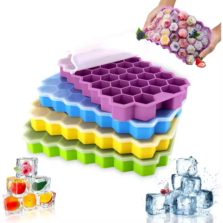 Juego de 4 Banjas de Silicona Para Cuos de Hielo with Tapa, 148 Moldes Para Cuos de Hielo, Apilables - 1