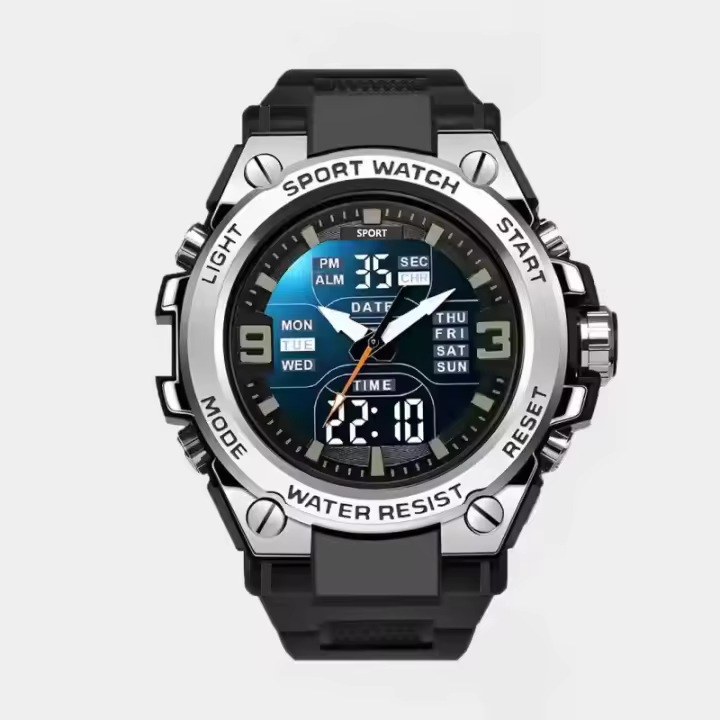 Reloj De Pulsera Digital Y Analógico Para Hombres De Lujo Y Estudiantes Jóvenes Resistente Al Agua Con Luz Nocturna Y Movimiento Doble De Acero Y Aleación - 1