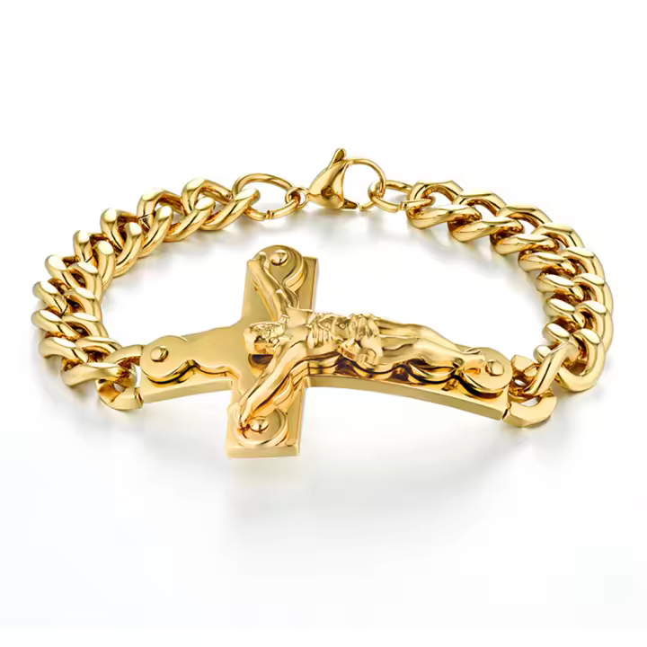Pulsera De Cadena Cubana De Acero Inoxidable Con Encanto De Cruz Jesús Para Hombres Joyería Religiosa De Color Oro Pulsera Masculina Regalo - 1