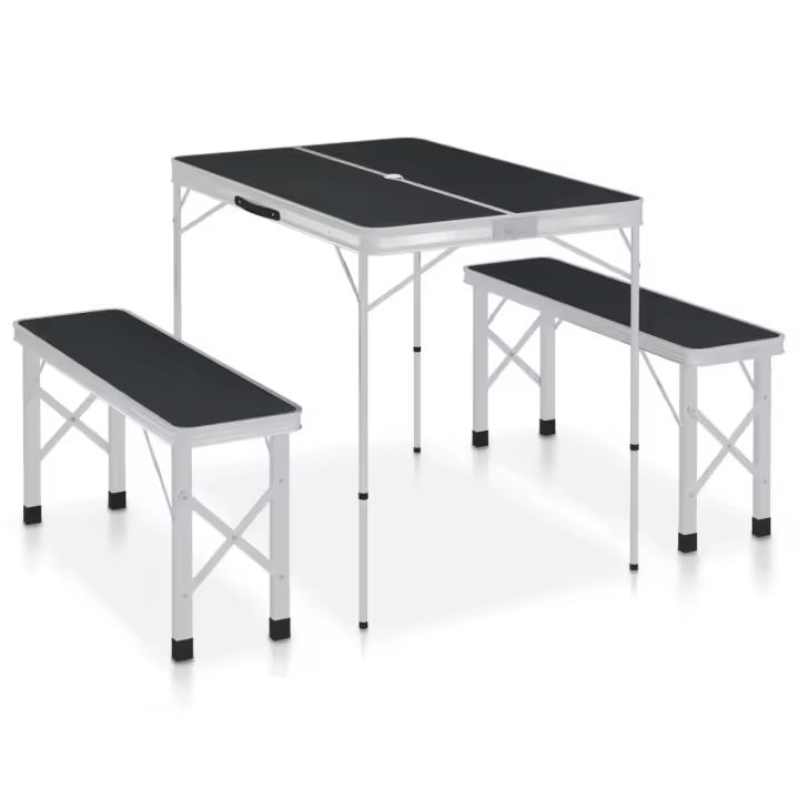vidaXL Mesa de camping plegable con 2 bancos aluminio gris - 1