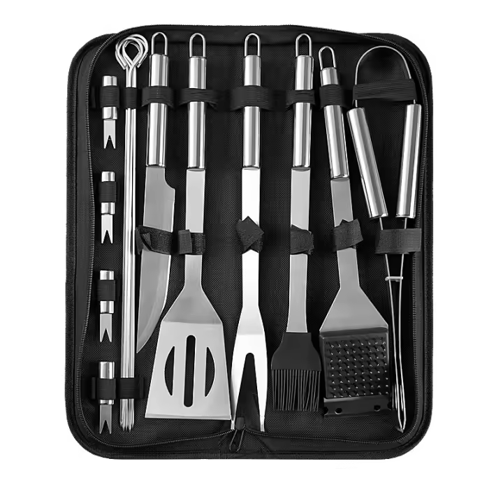 15Pcs Juego de Utensilios Barbacoa de Acero Inoxidable Profesionales Accesorios Barbacoas - Kit Barbacoa Prácticas con Bolsa Portatil - Herramientas Parrilla Barbacoa para Camping Picnic Exterior - 1
