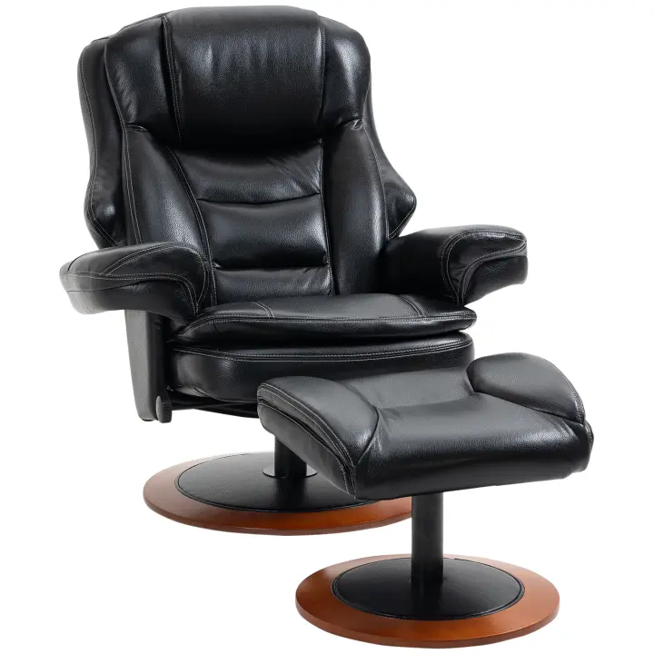 Sillón relax HOMCOM con otomana, sillón de televisión con función reclinable, sillón de TV giratorio, sillón de descanso, sillón reclinable para sala de estarR, oficina, hasta 150 kg, cuero sintético de acero, negro - 1
