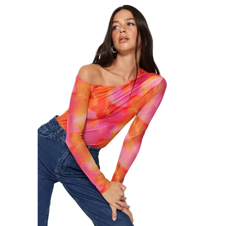 Trendyol Pink Patterned Tulle Back Transparent Fitted/Sticky Snaps Knitted Bodysuit Twoss23Bd00024 - 1