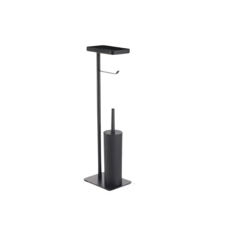 Portarrollos metal negro con escobillero y soporte para móvil 3 funcionalidades en 1. tamaño 22 x 65 cm - 1