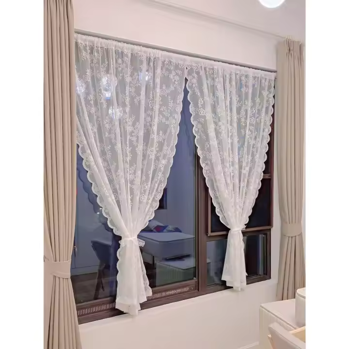 Cortinas De Encaje Floral Transparentes Para Sala De Estar 1 Pieza Con Bolso De Palas Ventana De Dormitorio Estilo Pastoral - 1