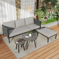 Juego de muebles de Jardín, juego de Esquina, sofá + 2 mesas de café + reposapiés, Malla de Cuerda Gruesa, Mesa de Vidrio con surface de Mármol, para Jardines, piscinas y otras áreas al Aire Libre, Gris - details 1