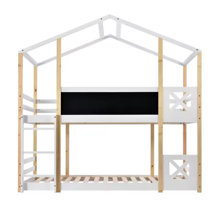 Cama Infantil Casa EN EL Árbol with Escalera 90x200 cm, Cama Elevada Infantil-2x Marco de Listas-Natural & Blanco - 1