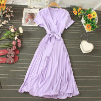 Nuevo Vestido De Verano 2026 Para Mujer Estilo Casual Con Cuello En V Manga Corta Lace up Pleated Chiffon Vestido De Cintura Alta - details 4