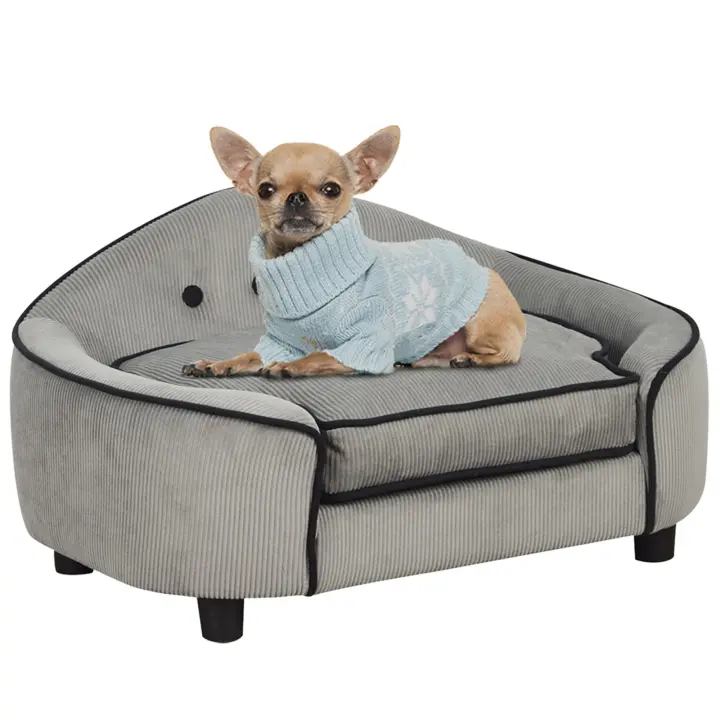 PawHut Sofá para Mascotas, Cama para Perros, Alfombra para Perros, sofá para Perros, Madera Natural + Felpa, Gris, 66,5 x 45 x 35,5 cm - 1
