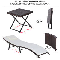 Outsunny Set de 2 Tumbonas 196x61x53cm con Mesita Plegable 40x40x40cm de Ratán para Jardín Exterior con Cojines Beige y Marrón - details 4
