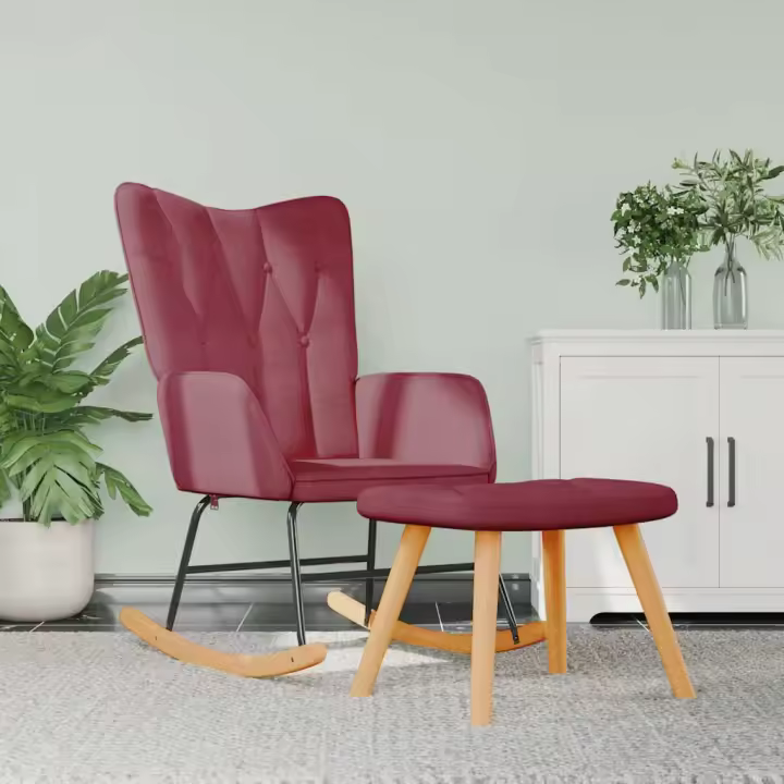 vidaXL Silla mecedora con reposapiés tela rojo tinto - 1