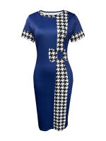 Vestido Elegante Para Mujer LW Con Estampado Cuadriculado Cuello Redondo Manga Corta Largo Hasta La Rodilla Para Oficina Vestido Bodycon De Cintura Natural - details 3
