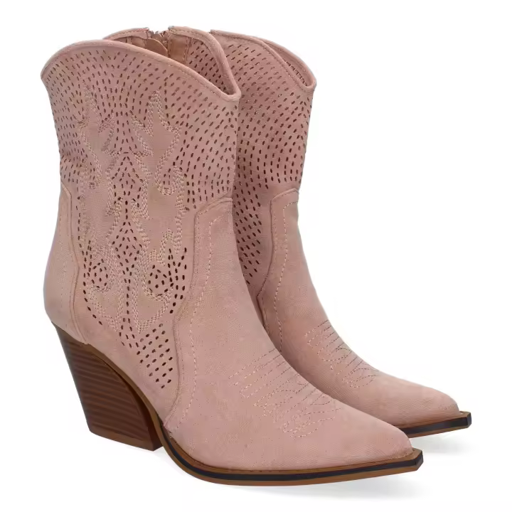 Botín Campero con Tacón de 8cm, Diseño Calado y Bordado, Cierre de Cremallera, Bota mujer con tacón, Botin Cowboy color beige, Botas de ante para mujer, Botines con tacón, - 1