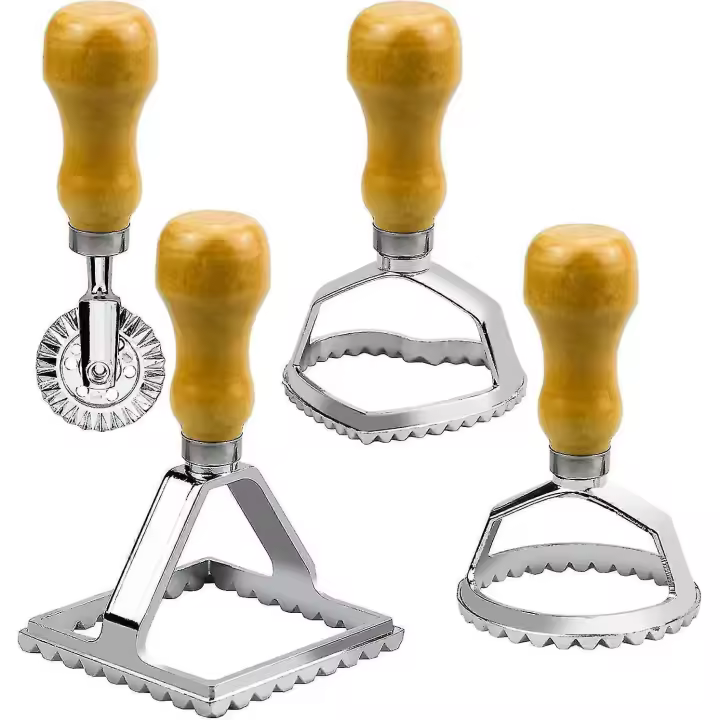 Ravioli Stamp Maker Cutter, Molde con Mango de madera y borde de Fluto, Juego DE CORTADOR de pasta de Maple inoxidable con juego de Rueda - 1