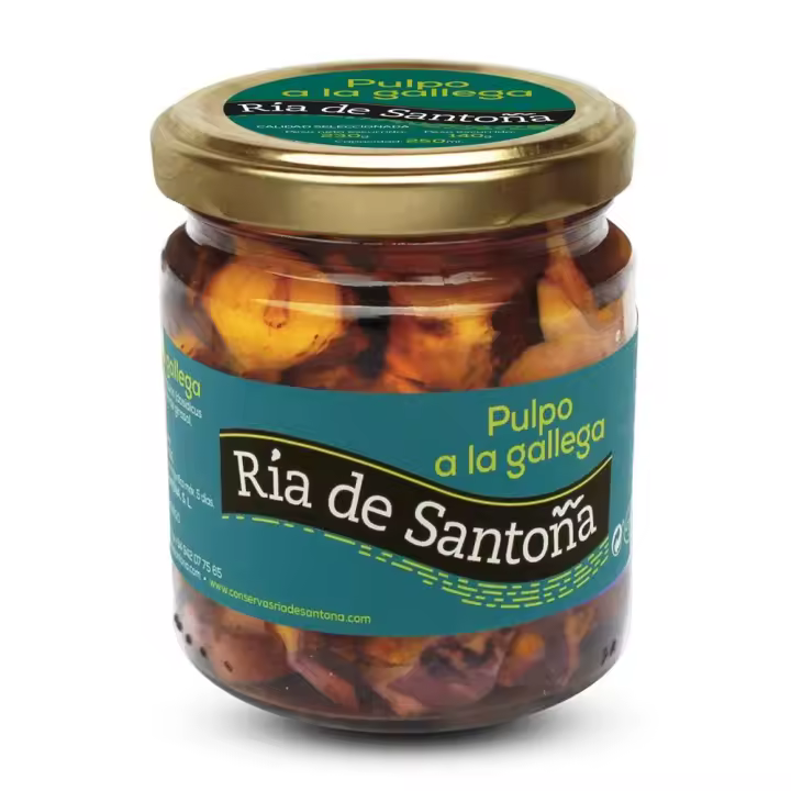 Pulpo a la gallega Rías de Santoña 220 gr - Disfruta de la auténtica receta gallega con pulpo capturado en la ría de Arousa, preparado artesanalmente en Santoña. Sabor y tradición en cada bocado, listo para disfrutar. - 1