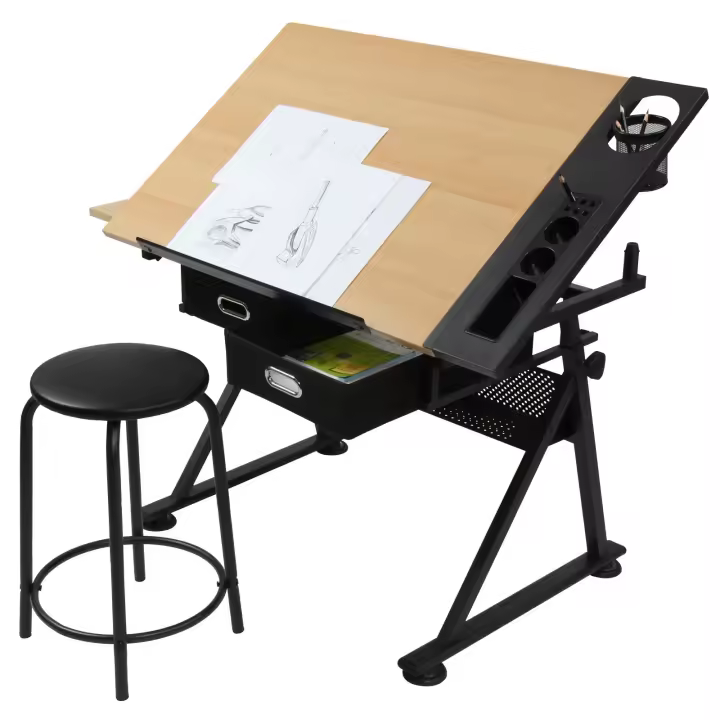 Mesa de dibujo con taburete, ajustable, inclinable, 2 cajones y superficie de trabajo, acabado en madera, escritorio, mesa de oficina, mesa de trabajo, arquitectos, dibujo técnico, Miadomodo - 1