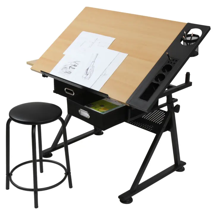 Mesa de dibujo con taburete, ajustable, inclinable, 2 cajones y superficie de trabajo, acabado en madera, escritorio, mesa de oficina, mesa de trabajo, arquitectos, dibujo técnico, Miadomodo - 1