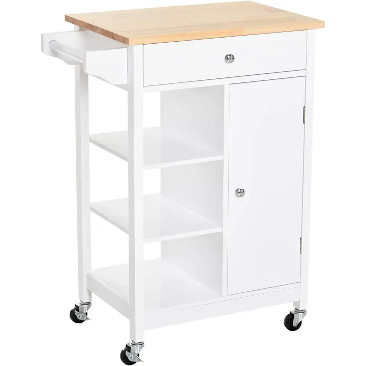 Carrito de Cocina Carro Auxiliar con Ruedas 1 Cajón 1 Armario 3 Estantes Abiertos de Almacenamiento para Comedor 66x39,5x86,5 cm Blanco - 1