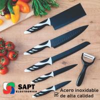 SAPT Set de 5 Cuchillos y Pelador – Acero Inoxidable – Mangos Ergonómicos – Diseño Negro Elegante – Incluye Hacha de Cocina, Cuchillo de Chef, Pan, Rebanador y Pelador Cerámico – Ideal para Cocina Profesional y Hogar - details 0