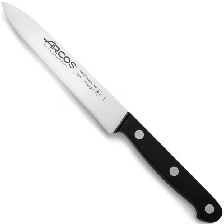 ARCOS Universal - Cuchillo Tomatero Perlado (130 mm) - Hoja de Acero Inoxidable Nitrum® - Mango Negro de Polioximetileno (POM) - 1