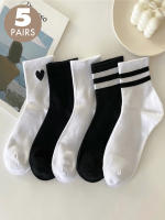 5 Pares De Calcetines Deportivos Casuales Para Mujer En Colores Negro Y Blanco Con Estampado Rayado Calcetines Tubo Medio Transpirables - details 5