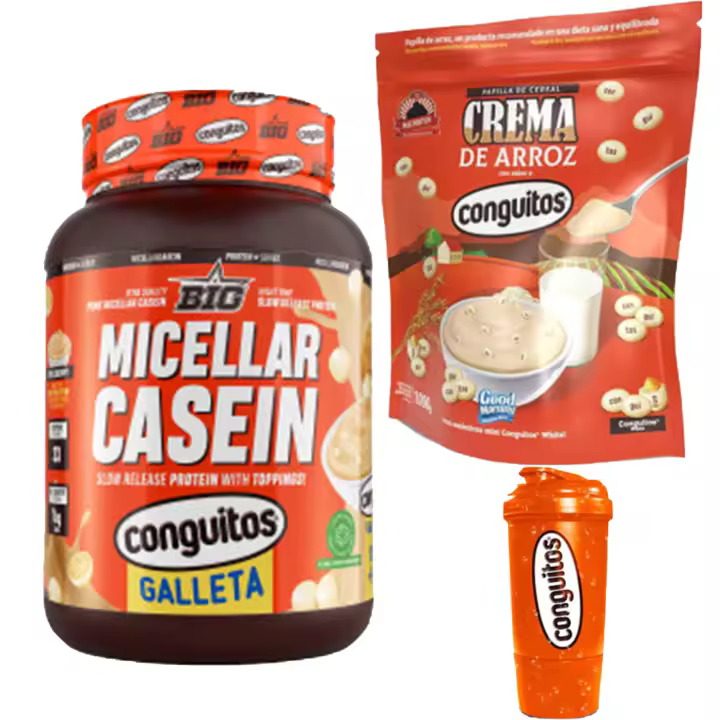 Pack Conguitos White galleta,recuperación Completa:Caseína Micelar 1kg, Crema de Arroz 1 kg y Shaker 500ml - 1
